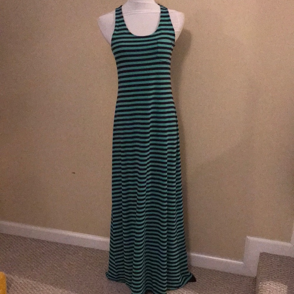 Green and navy striped maxi dress